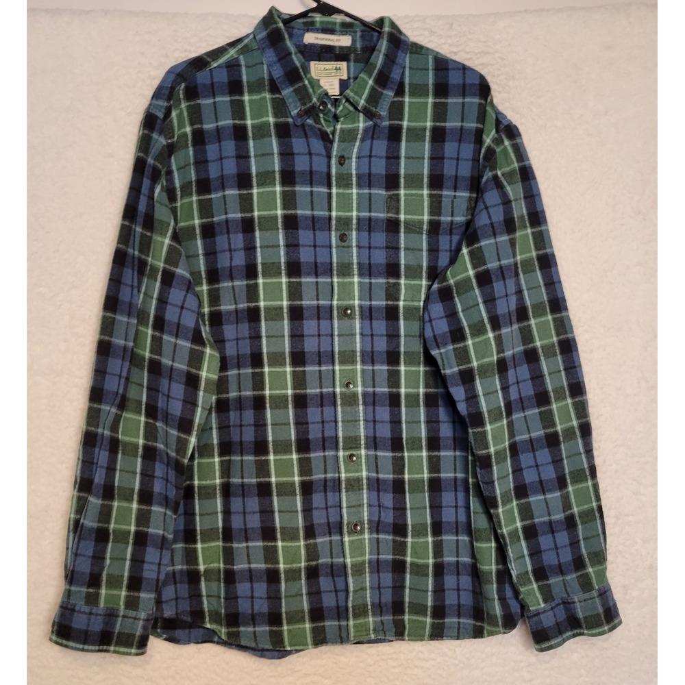 L.L Bean Flannel Shirt Size XL Men's Blue Green Plaid Long Sleeve Button 1091